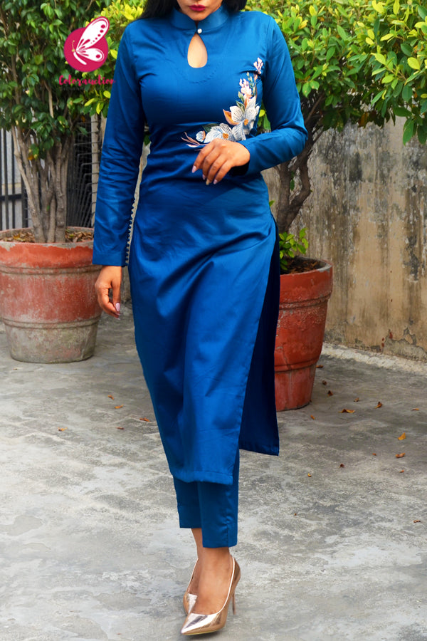 Blue Floral Embroidered Cotton Silk Kurti with Blue Cotton Silk Pants Kurti Set