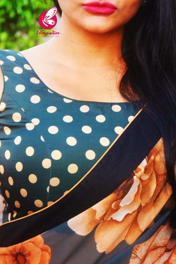 Green Floral Printed Georgette Dupion Taping Saree