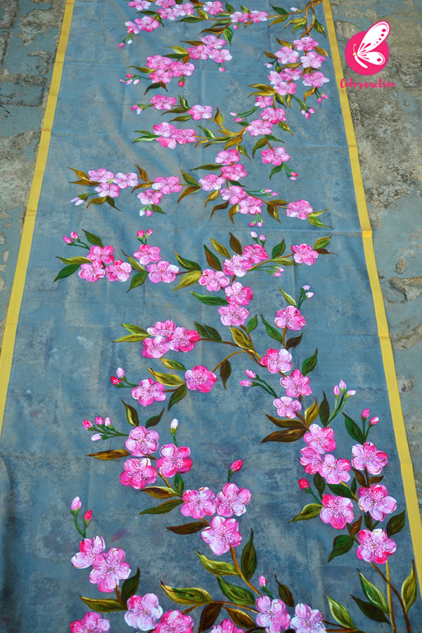 Grey Organza Hand painted Pink Floral Stole