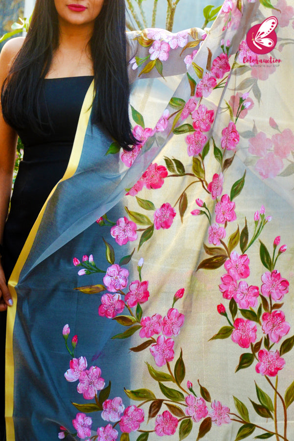 Grey Organza Hand painted Pink Floral Stole