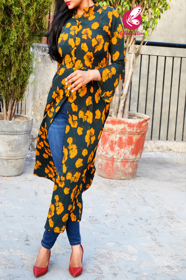 Green Bubble Crepe Printed Long Kurti