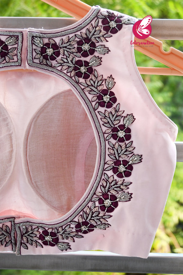 Baby Pink Padded Keyhole Back Handwork Crepe Blouse