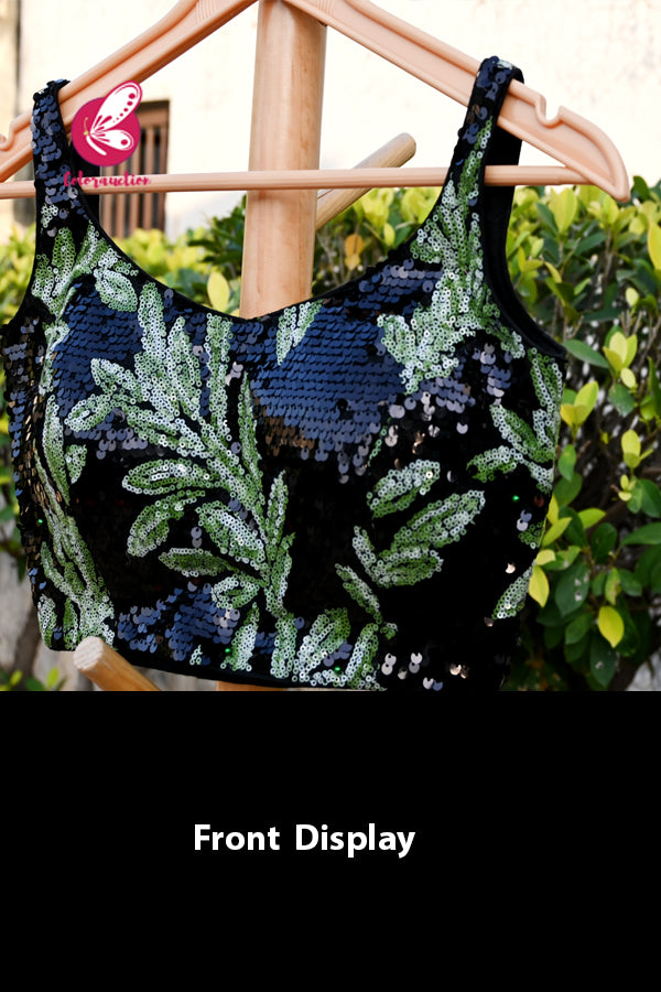 Black &amp; Green Sequins Padded Backless Blouse