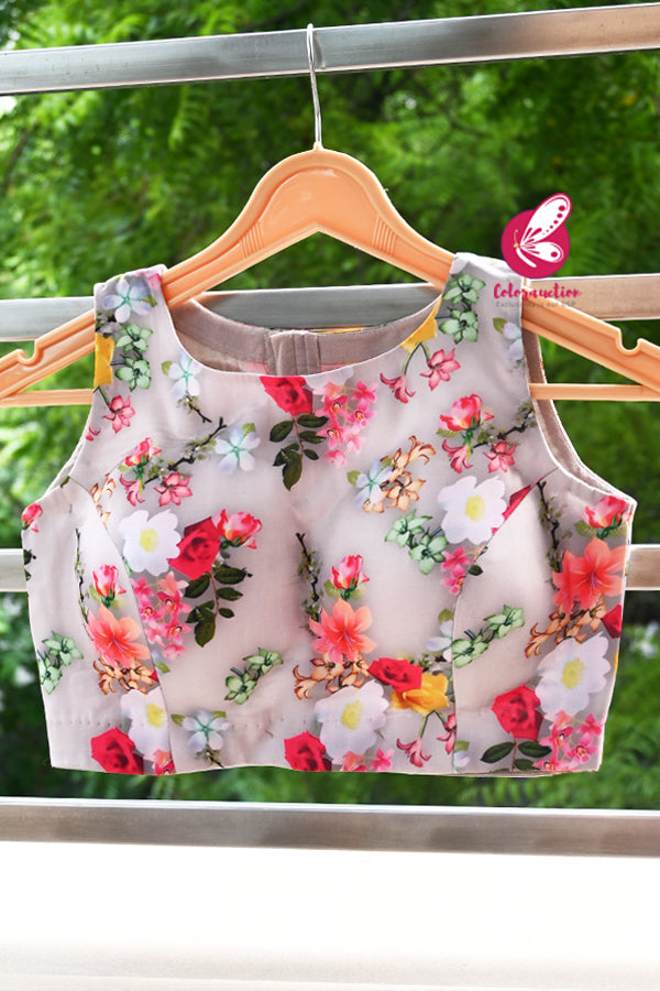 Grey Multicoloured Satin Georgette Printed Cutout Back Padded Blouse