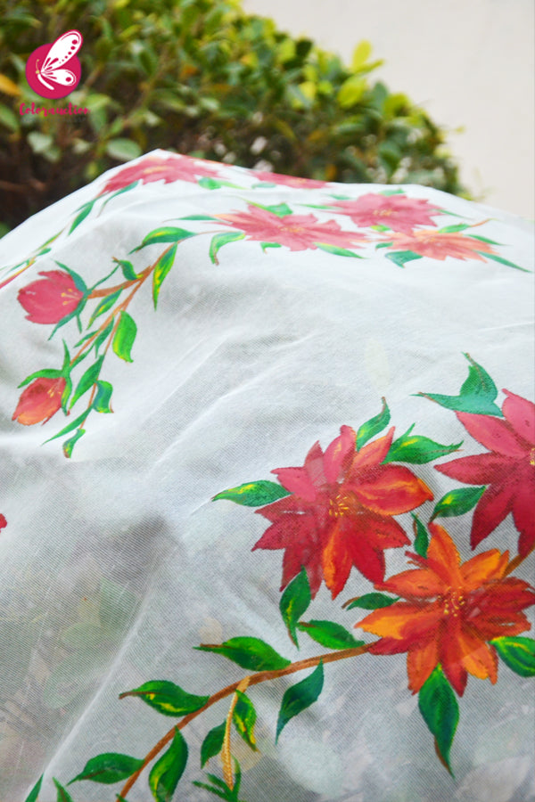 Off White Red Orange Pure Organza Floral Handpainted Stole