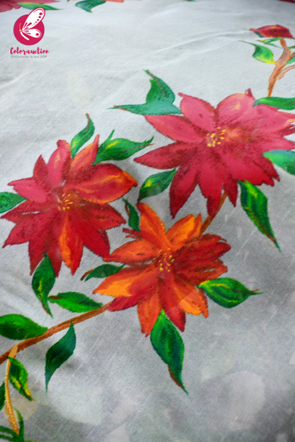 Off White Red Orange Pure Organza Floral Handpainted Stole