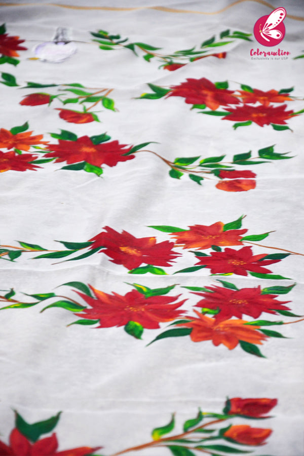 Off White Red Orange Pure Organza Floral Handpainted Stole