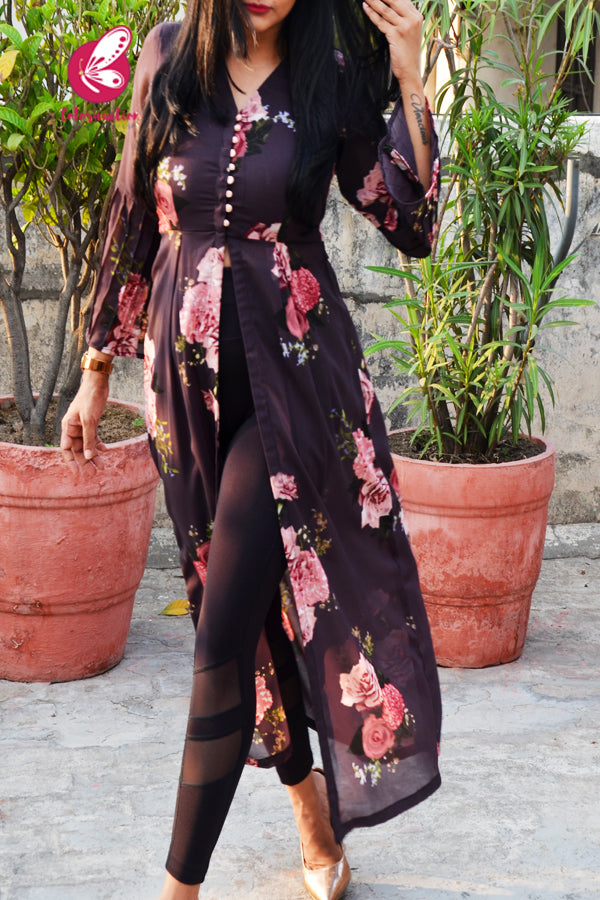 Grey Printed Floral Georgette Pintucks Quarter Sleeves Kurti