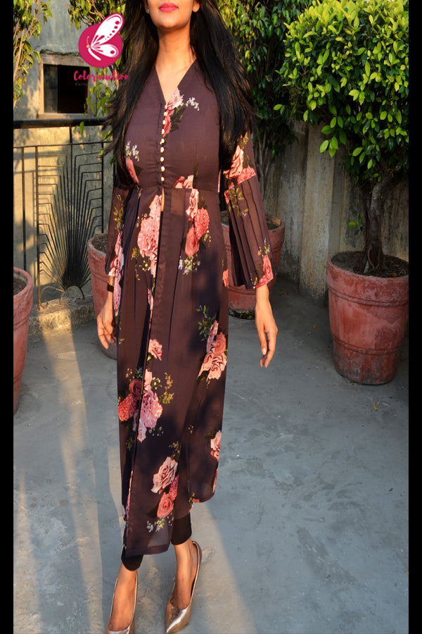 Grey Printed Floral Georgette Pintucks Quarter Sleeves Kurti