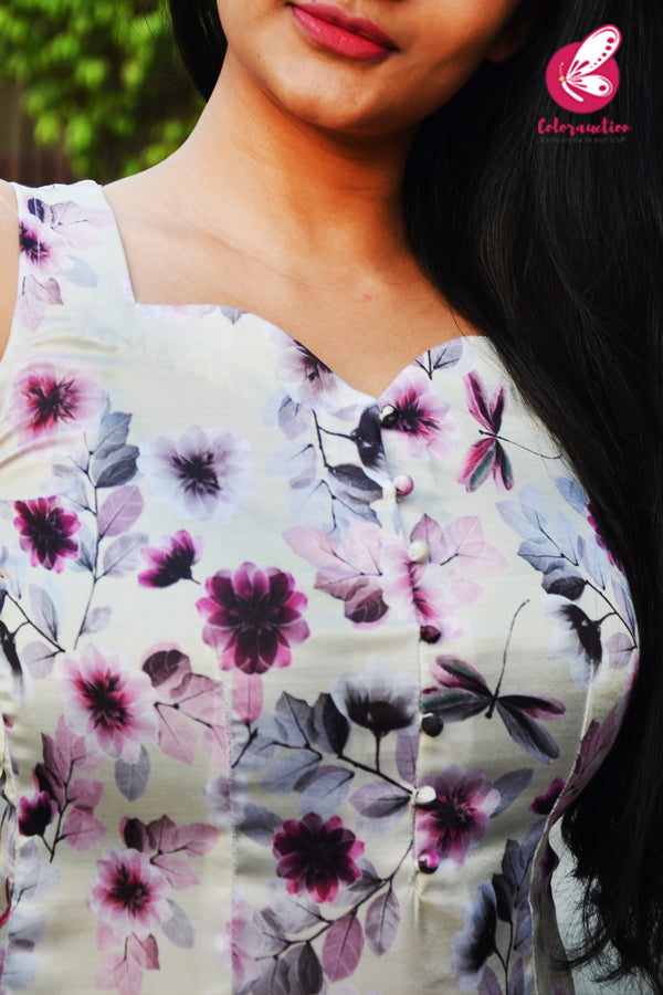 Multicoloured Purple Floral Modal Satin Front Slit Kurti