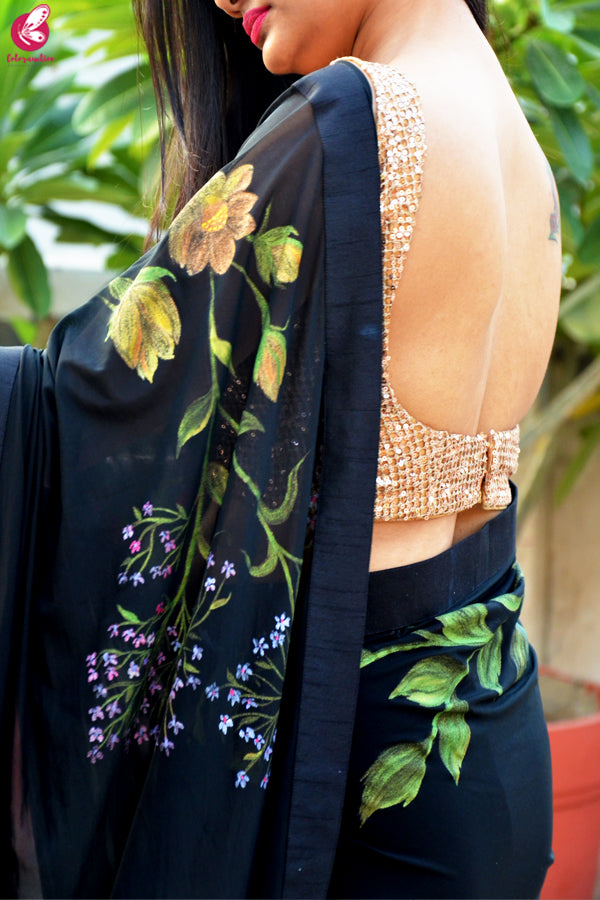 Black Lycra Net Hand-Painted Floral Saree