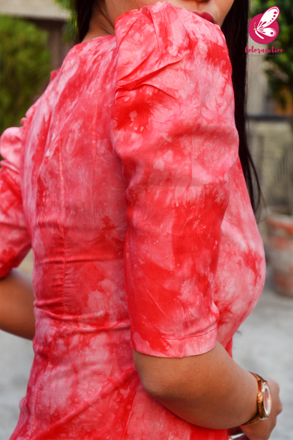 Red &amp; White Rayon Tie &amp; Dye Kurti with Red Cotton Silk Pants