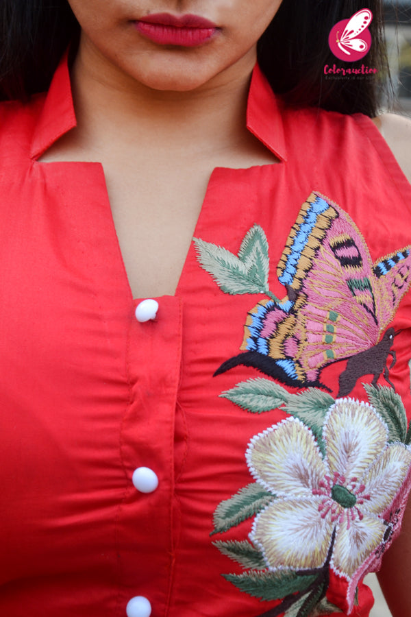 Red Floral Butterfly Embroidered Cotton Silk Sleeveless Kurti with Red Cotton Silk Pants Kurti Set