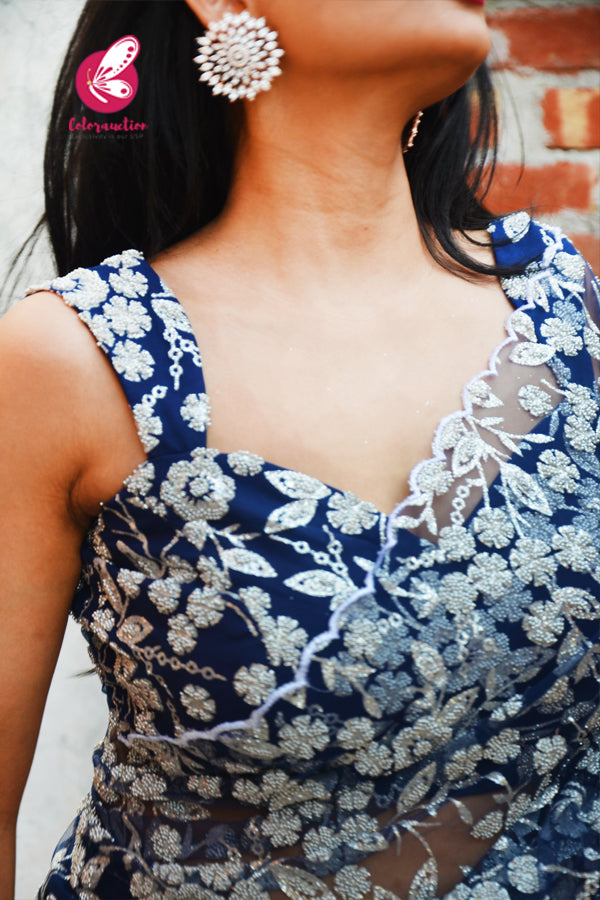 Blue &amp; White Embroidered Scallop Net Satin Half &amp; Half Saree