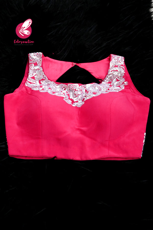 Hot Pink Padded Silver Sequins Hand Embroidery Keyhole Back Padded Crepe Blouse
