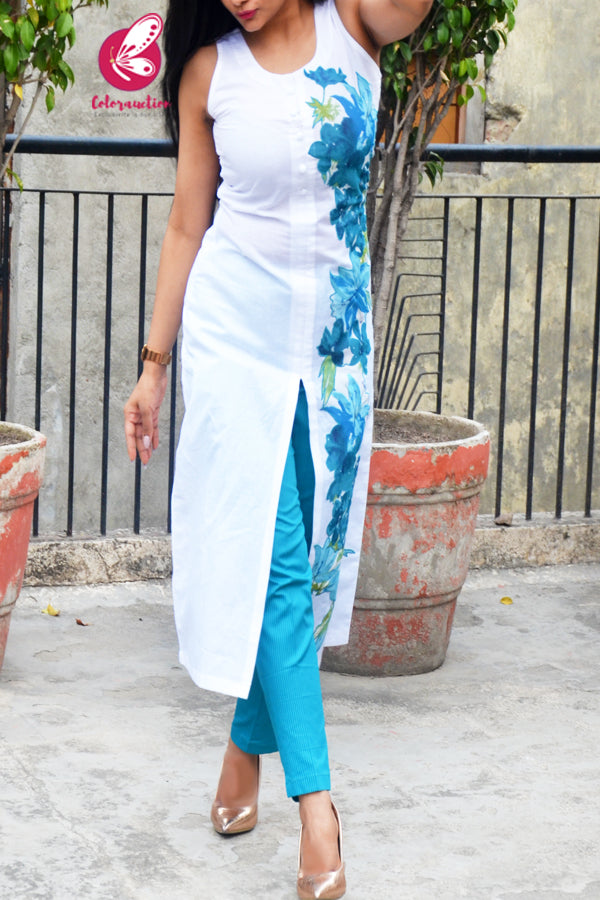 White Pure Linen Front Slit Applique Work Kurti with Blue Cotton Silk Stripes Pants Kurti Set