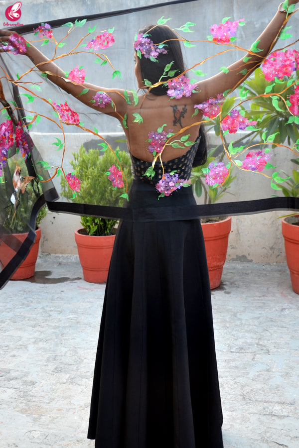 Black Organza Hand painted Humming Bird Floral Stole