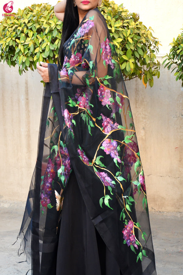 Black Organza Hand painted Humming Bird Floral Stole