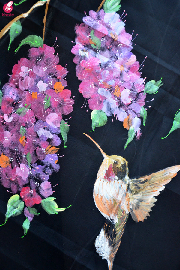 Black Organza Hand painted Humming Bird Floral Stole