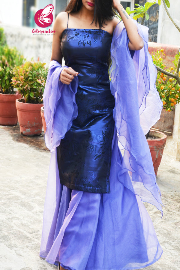 Black Purple Brocade Padded Kurta with Purple-Lilac Organza Sharara and Purple-Lilac Organza Three-Tier Ruffle Stole