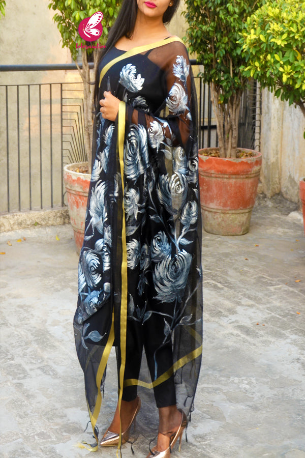 Black Pure Organza Silver Floral Stole