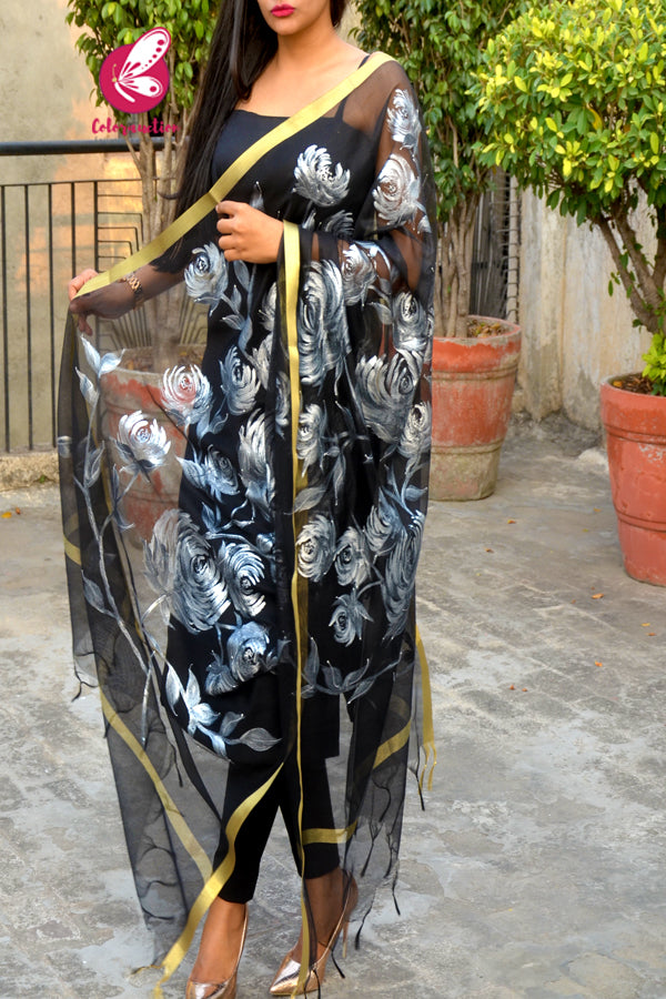 Black Pure Organza Silver Floral Stole