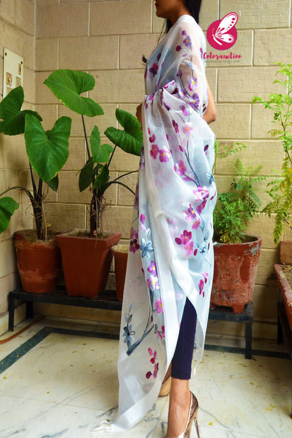 Off White Purple Mauve Pure Organza Floral Stole