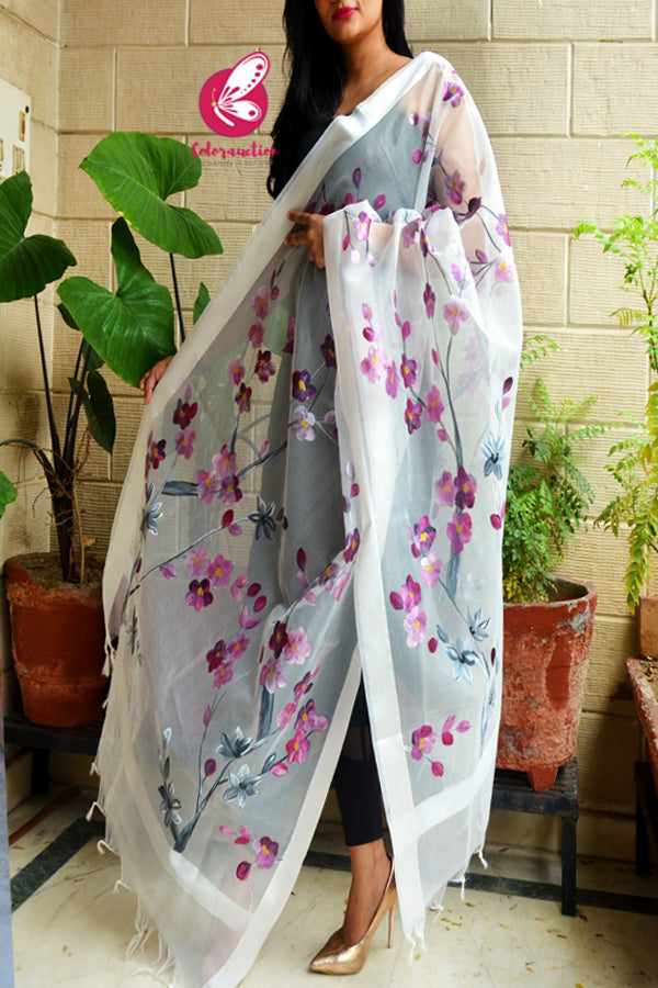 Off White Purple Mauve Pure Organza Floral Stole