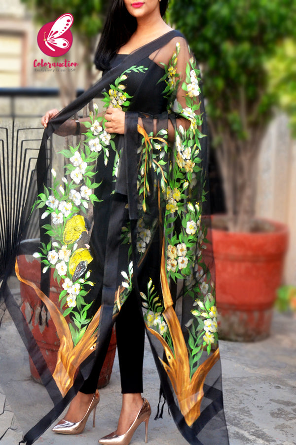 Black Organza Yellow Floral Hand painted Stole