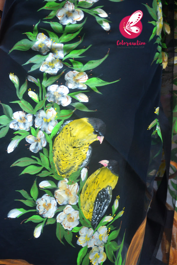 Black Organza Yellow Floral Hand painted Stole