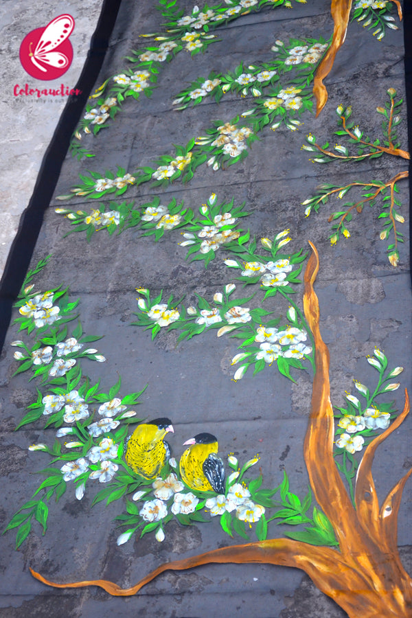 Black Organza Yellow Floral Hand painted Stole