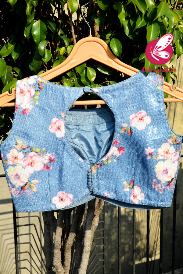 Ice Blue Floral Sequins Back Keyhole Padded Blouse