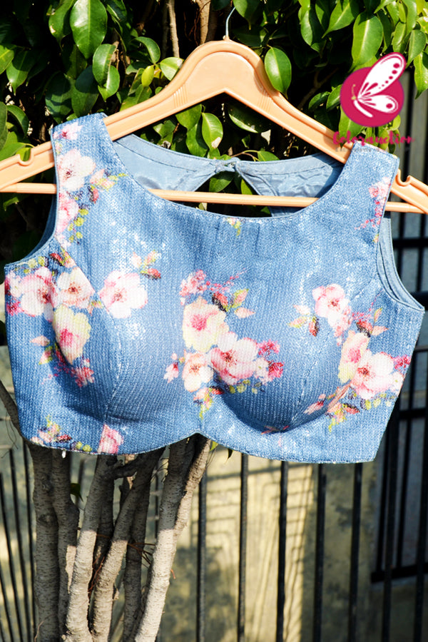 Ice Blue Floral Sequins Keyhole Back Potli Buttons Padded Blouse