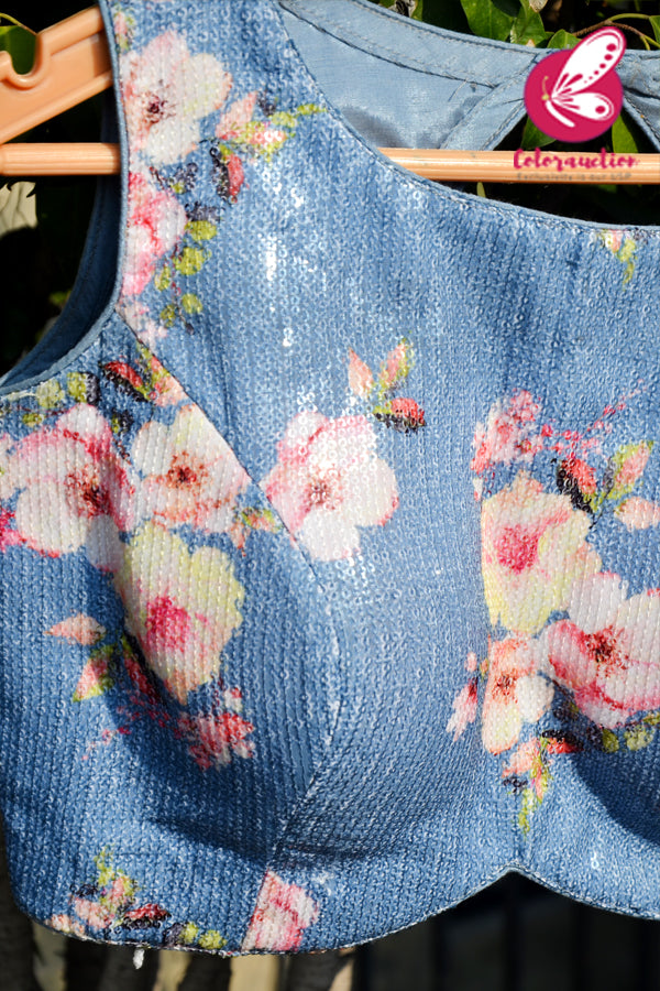 Ice Blue Floral Sequins Keyhole Back Potli Buttons Padded Blouse