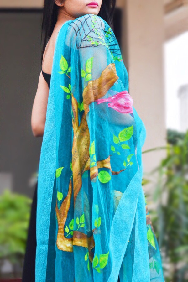 Sky Blue Organza Handpainted Floral Stole
