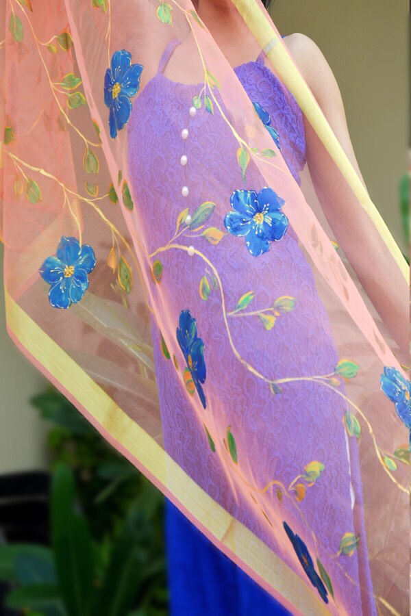 Peach Organza Floral Hand Painted stole