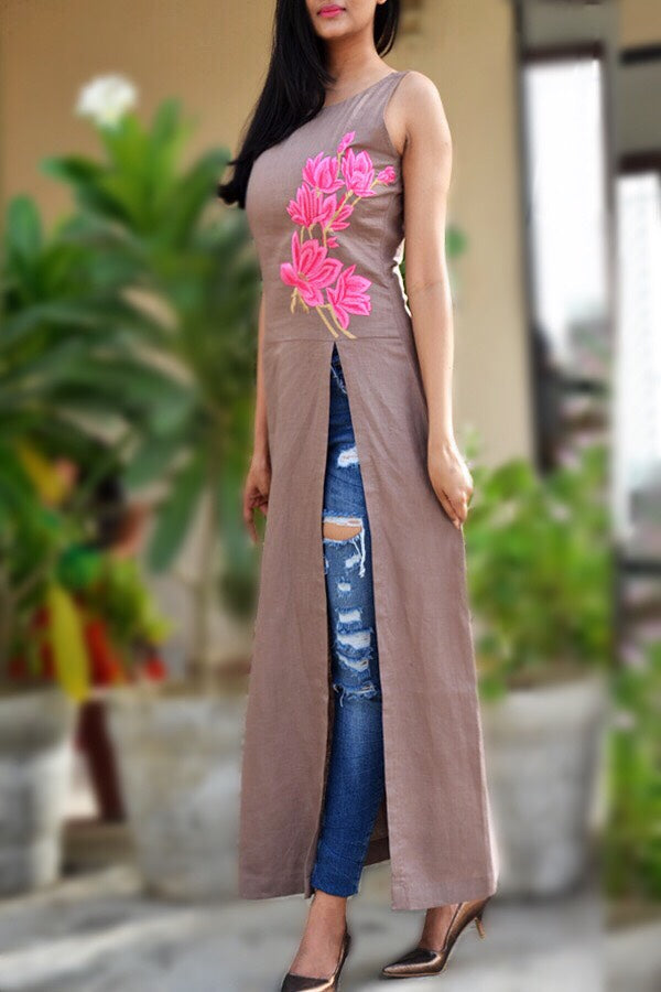 Pastel Brown Linen Embroidered A-Line Kurti