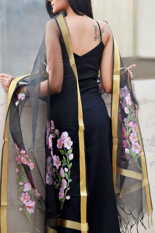 Black Organza Floral Hand Painted Stole