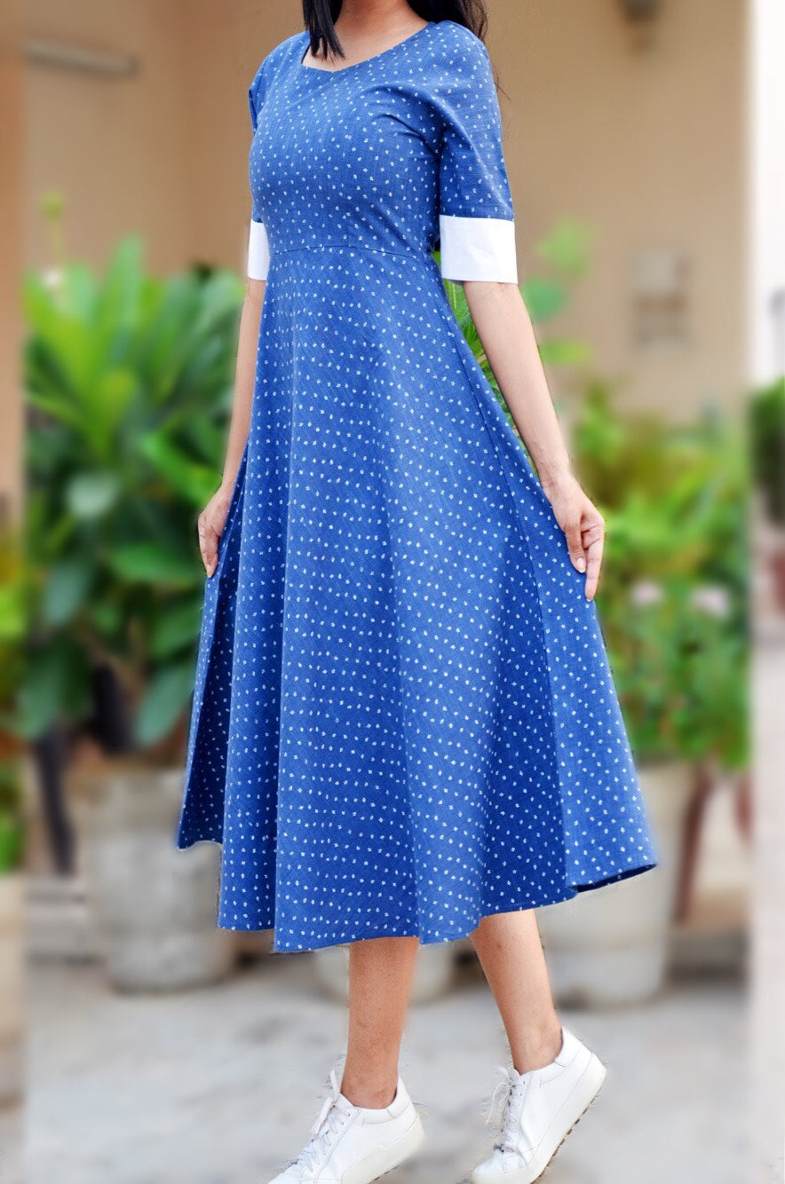 Blue Denim Printed A-Line Dress
