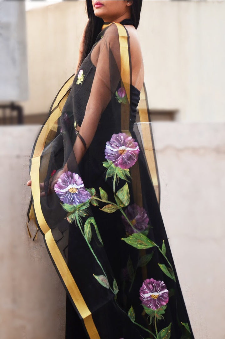 Black Organza Floral Hand Painted Stole