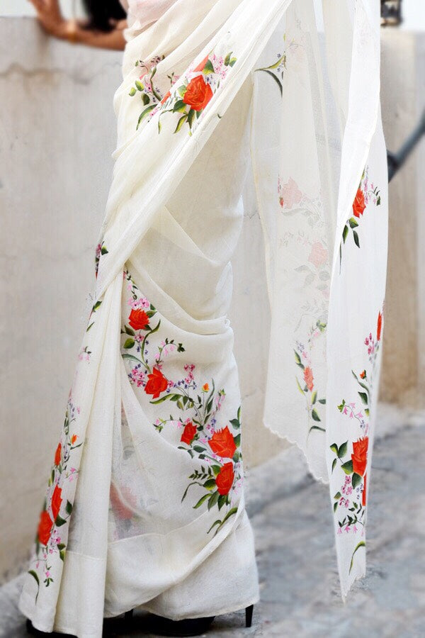 Off White Handpainted Floral Organdy Saree