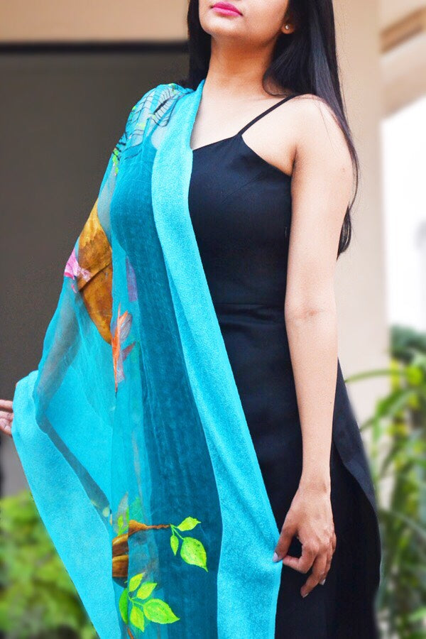 Sky Blue Organza Handpainted Floral Stole
