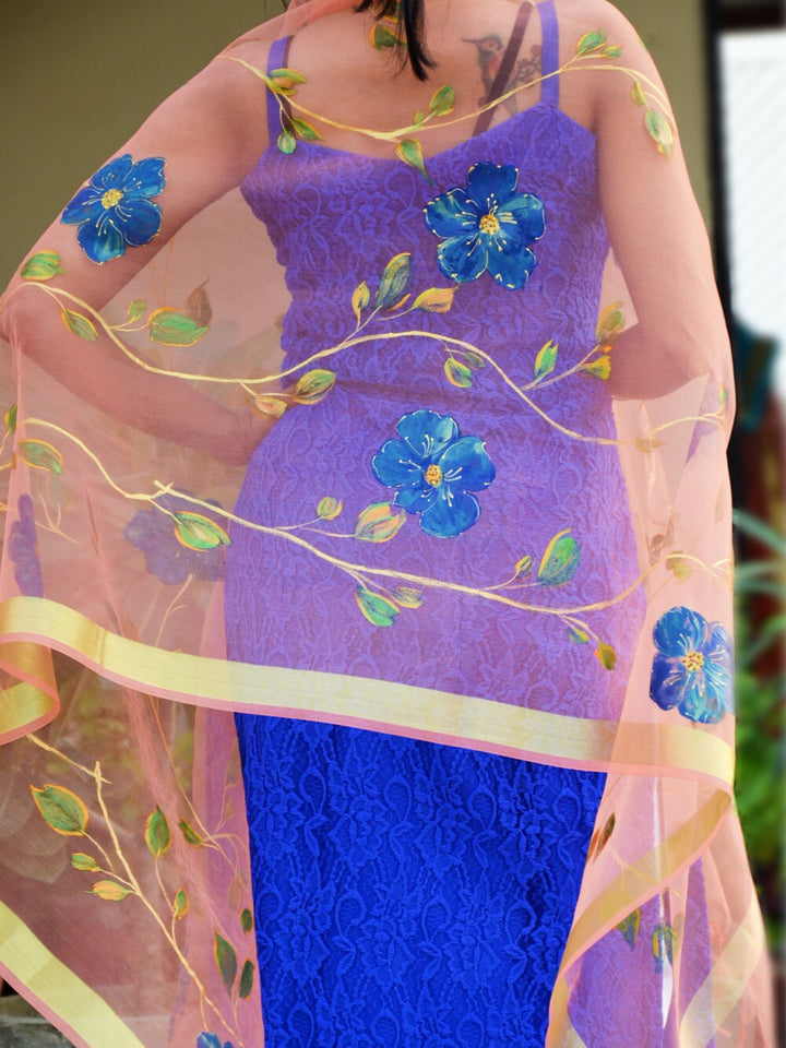 Peach Organza Floral Hand Painted stole
