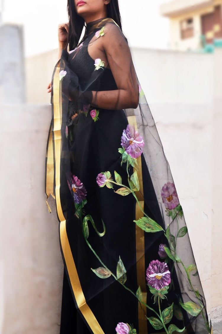 Black Organza Floral Hand Painted Stole