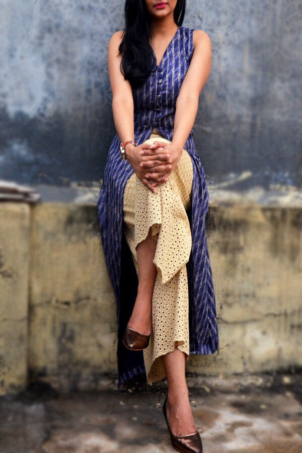 Blue Printed Cotton Silk Front Slit Kurti