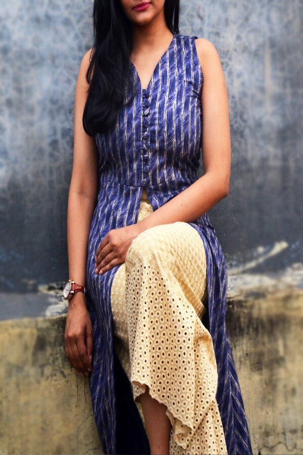 Blue Printed Cotton Silk Front Slit Kurti