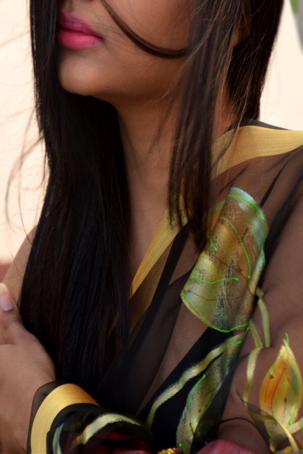 Black Organza Hibiscus Floral Hand Painted Stole