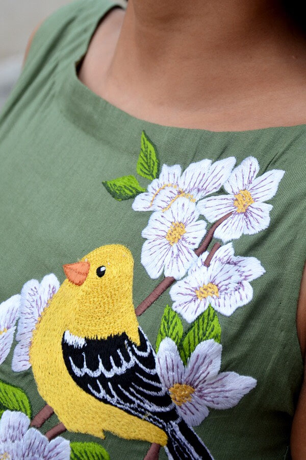 Green Linen Embroidered A-Line Kurti Dress
