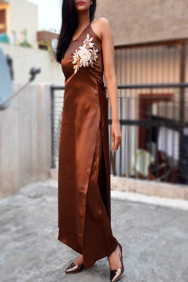 Brown Satin Embroidered Straight Kurti Set
