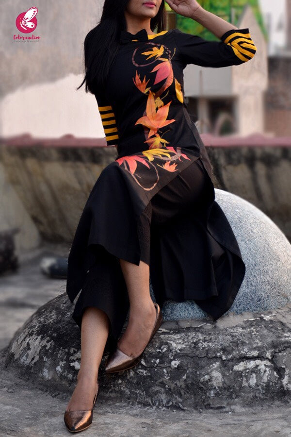 Black Cotton Hand-Painted Straight Kurti